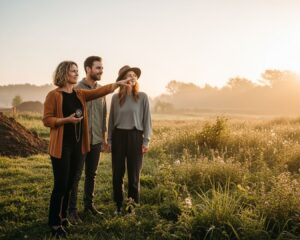 Vāstu-Beraterin führt mit Kompass eine Vastu-Grundstücksanalyse vor Ort durch, Kundin beobachtet